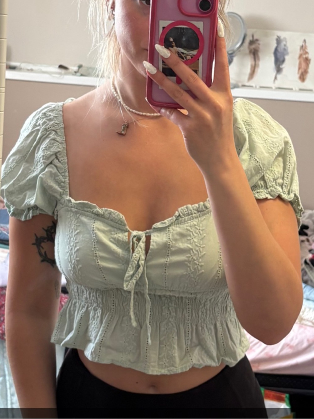 B-Low the Belt Light Sage Puff Sleeve Tie-Front Crop Top